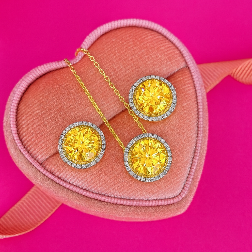 Sunlit Halo Sterling Set – Yellow Sparkle Necklace & Earrings