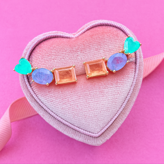 Rainbow Harmony Gemstone Earrings – Heart, Oval & Emerald-Cut Design